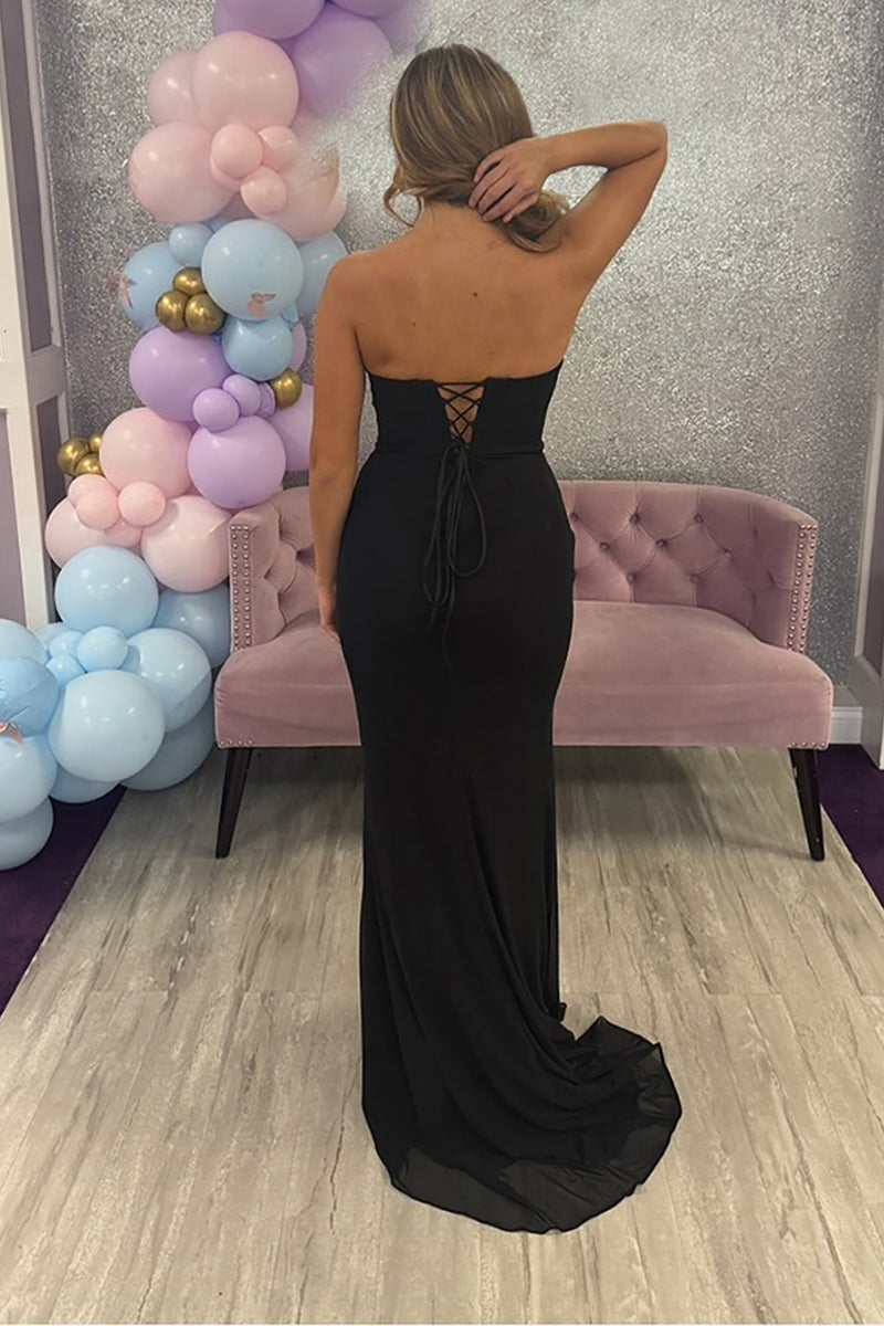 Load image into Gallery viewer, Sparkly Black Strapless Mermaid Beaded Long Prom Dress with Slit