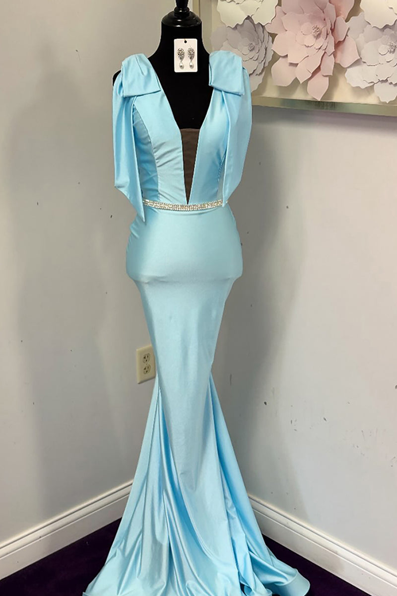 Load image into Gallery viewer, Sparkly Light Blue V-Neck Satin Mermaid Long Prom Dress