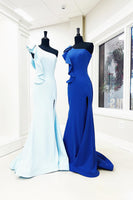 Load image into Gallery viewer, Light Blue Mermaid One Shoulder Ruffled Long Prom Dress with Slit