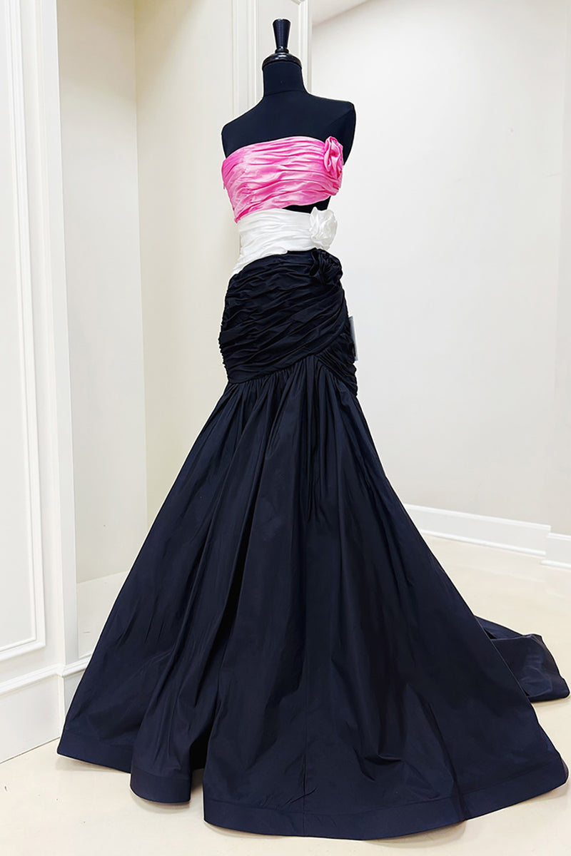 Load image into Gallery viewer, Black Patchwork Floral Strapless Mermaid Cut Out Long Prom Dress