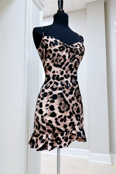 Sparkly Brown Leopard Beaded Tight Short Prom Dress with Ruffles