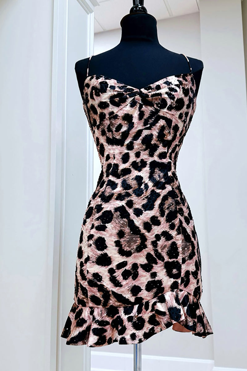 Load image into Gallery viewer, Sparkly Brown Leopard Beaded Tight Short Prom Dress with Ruffles
