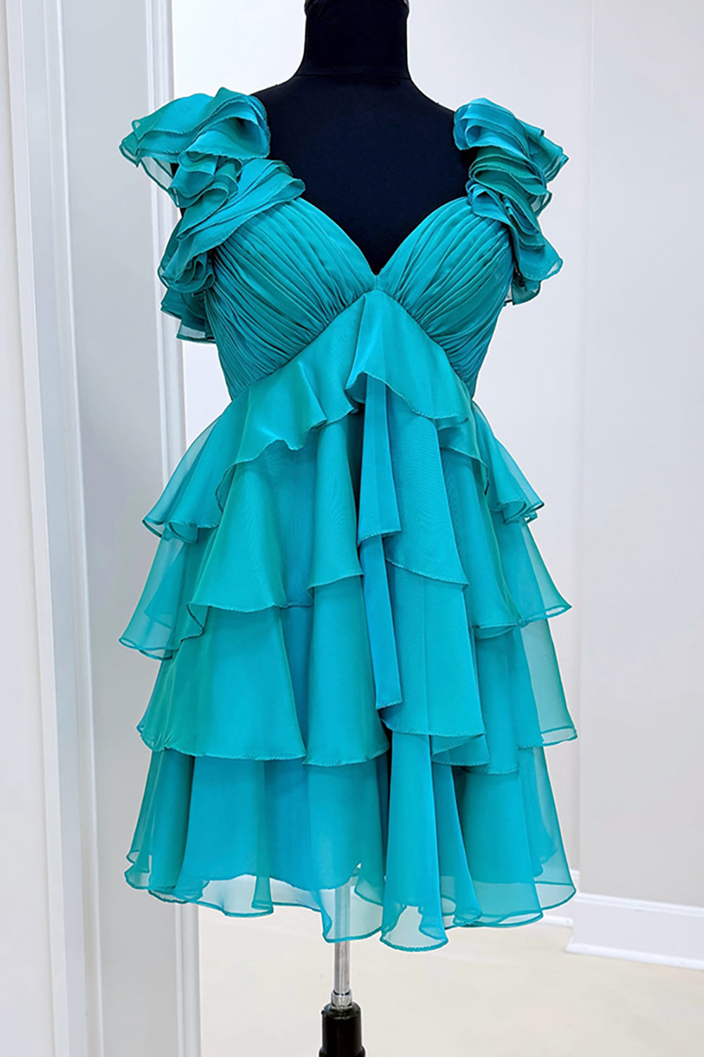 Peacock Green Tiered A Line Short Prom Dress with Ruffles