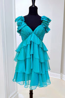 Load image into Gallery viewer, Peacock Green Tiered A Line Short Prom Dress with Ruffles