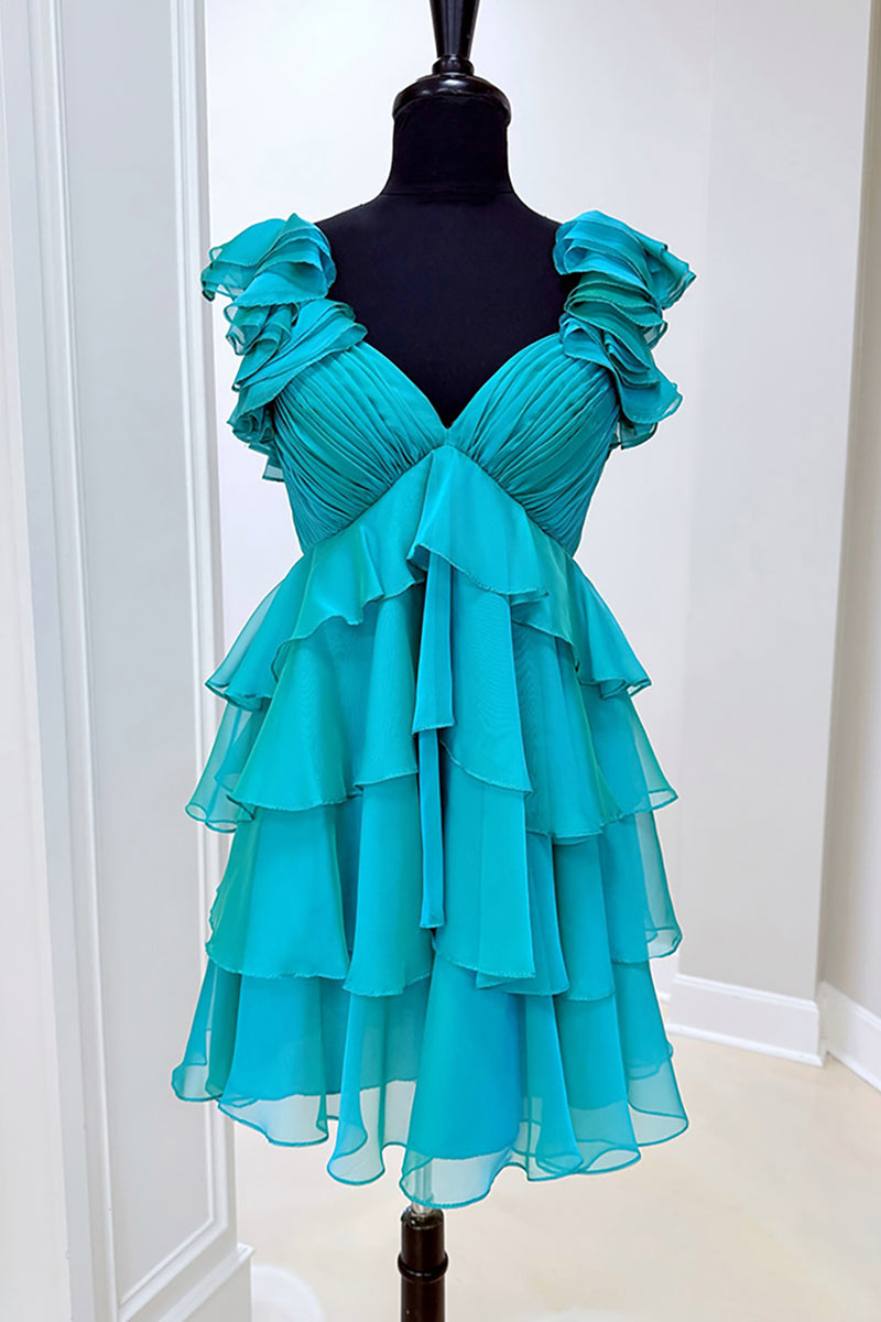 Load image into Gallery viewer, Peacock Green Tiered A Line Short Prom Dress with Ruffles