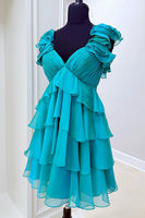 Load image into Gallery viewer, Peacock Green Tiered A Line Short Prom Dress with Ruffles
