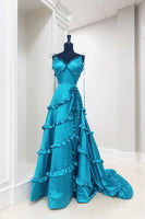 Load image into Gallery viewer, Peacock Blue A Line Long Prom Dress with Ruffles