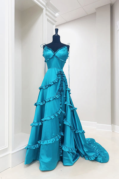 Peacock Blue A Line Long Prom Dress with Ruffles