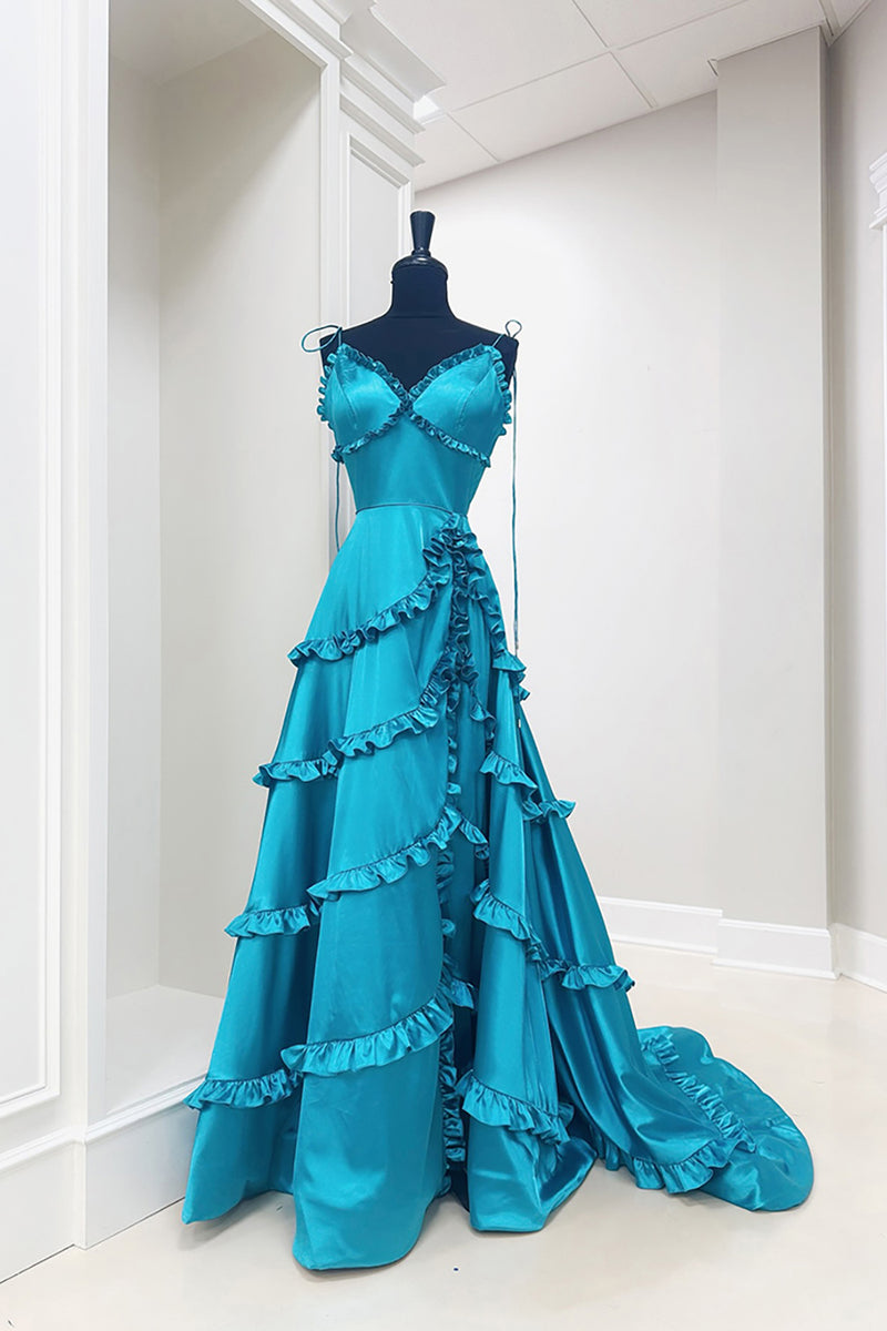 Load image into Gallery viewer, Peacock Blue A Line Long Prom Dress with Ruffles