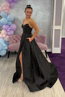 Load image into Gallery viewer, Sparkly Black Beaded Sweetheart A Line Long Prom Dress with Slit