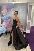 Load image into Gallery viewer, Sparkly Black Beaded Sweetheart A Line Long Prom Dress with Slit