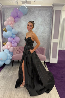 Sparkly Black Beaded Sweetheart A Line Long Prom Dress with Slit