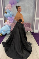Load image into Gallery viewer, Sparkly Black Beaded Sweetheart A Line Long Prom Dress with Slit