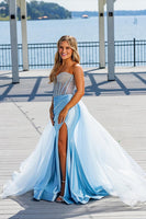 Load image into Gallery viewer, Sparkly Light Blue Mermaid Beaded Long Corset Prom Dress with Cape