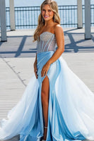 Load image into Gallery viewer, Sparkly Light Blue Mermaid Beaded Long Corset Prom Dress with Cape