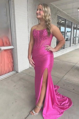 Sparkly Fuchsia Beaded Strapless Mermaid Long Prom Dress with Slit