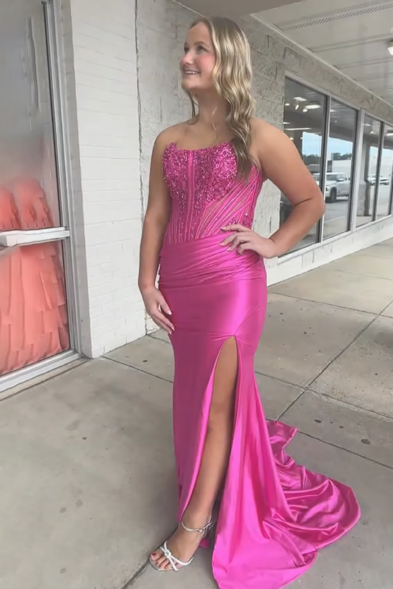 Load image into Gallery viewer, Sparkly Fuchsia Beaded Strapless Mermaid Long Prom Dress with Slit