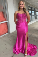Load image into Gallery viewer, Sparkly Fuchsia Beaded Strapless Mermaid Long Prom Dress with Slit