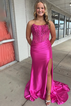 Sparkly Fuchsia Beaded Strapless Mermaid Long Prom Dress with Slit