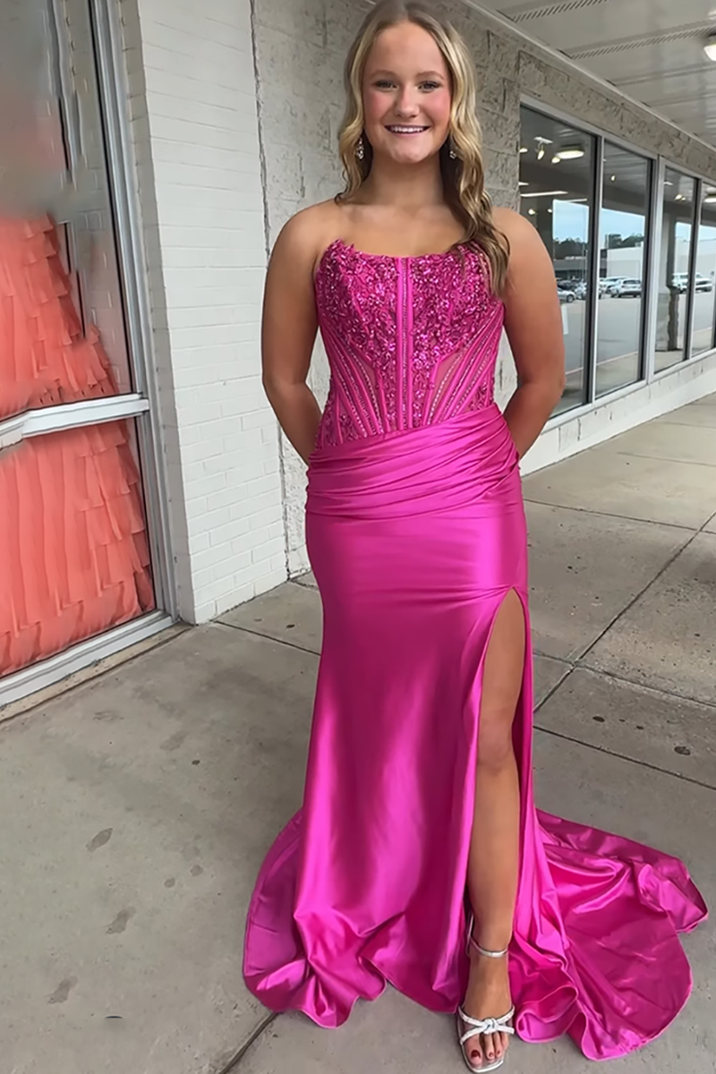 Load image into Gallery viewer, Sparkly Fuchsia Beaded Strapless Mermaid Long Prom Dress with Slit