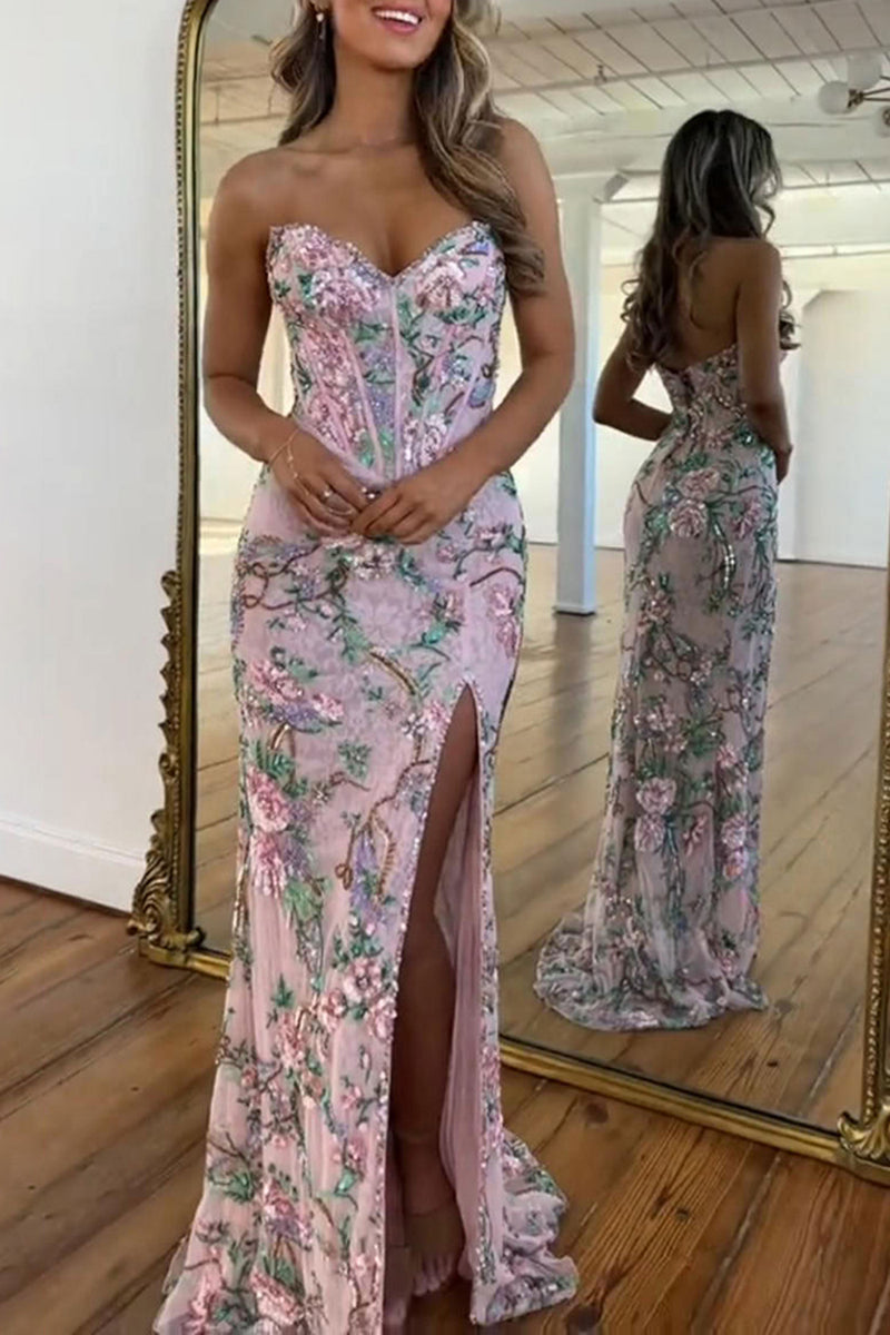 Load image into Gallery viewer, Floral Pink Mermaid Sweetheart Long Corset Prom Dress with Slit