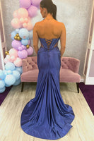 Load image into Gallery viewer, Sparkly Royal Blue Beaded Strapless Long Corset Prom Dress with Slit