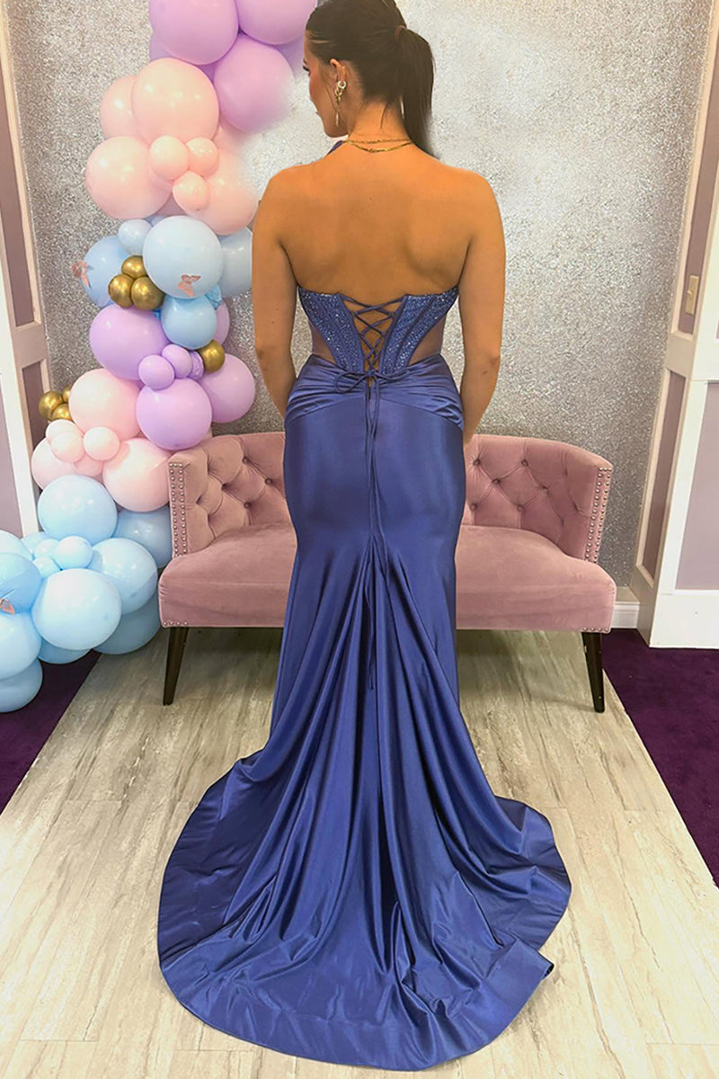 Load image into Gallery viewer, Sparkly Royal Blue Beaded Strapless Long Corset Prom Dress with Slit