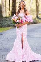 Load image into Gallery viewer, Pink Flower Mermaid Long Prom Dress with Slit