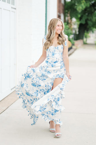 White Blue Flower Ruffled Corset Mermaid Long Prom Dress with Belt