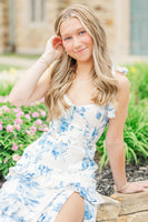 Load image into Gallery viewer, White Blue Flower Ruffled Corset Mermaid Long Prom Dress with Belt