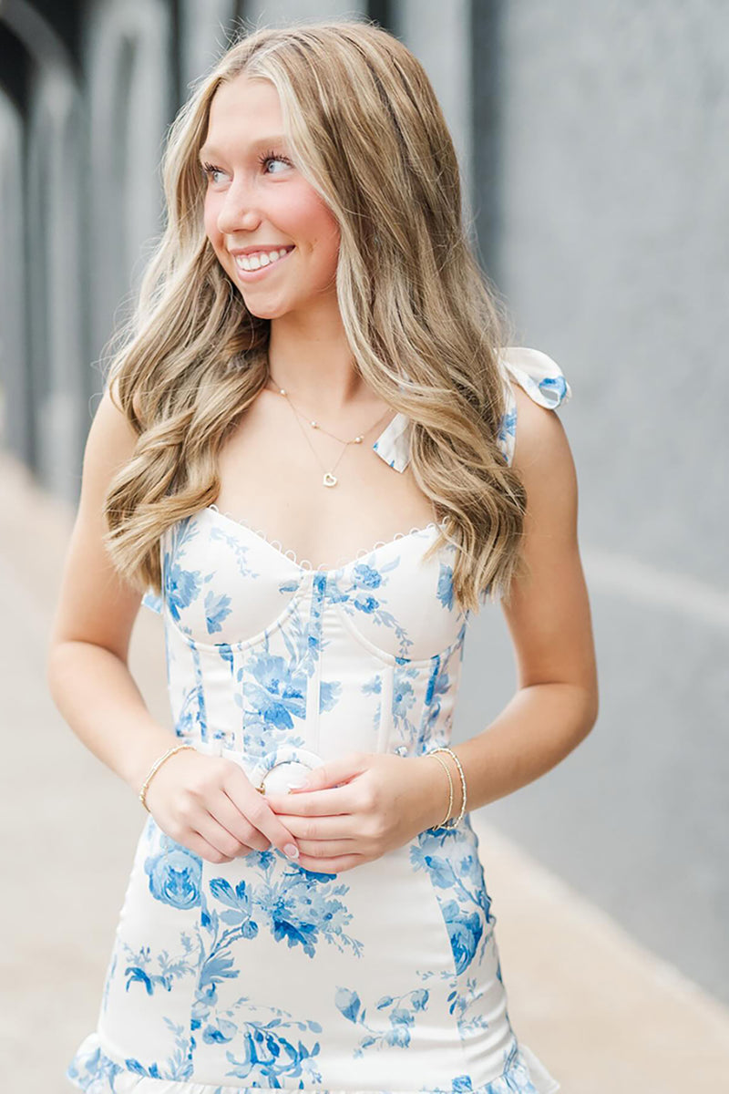 Load image into Gallery viewer, White Blue Flower Ruffled Corset Mermaid Long Prom Dress with Belt