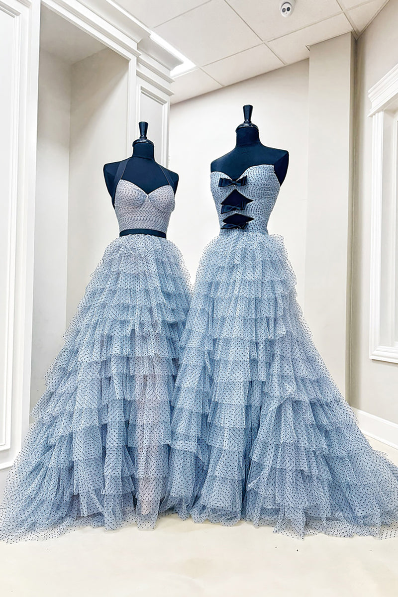 Load image into Gallery viewer, Yellow Halter Ruffled A Line Tiered Long Prom Dress with Slit