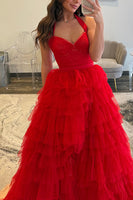 Load image into Gallery viewer, Yellow Halter Ruffled A Line Tiered Long Prom Dress with Slit