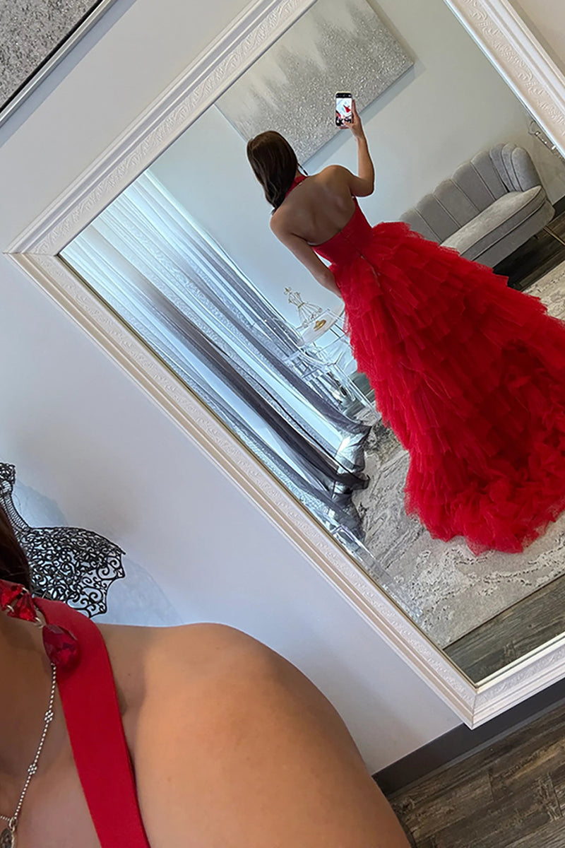 Load image into Gallery viewer, Yellow Halter Ruffled A Line Tiered Long Prom Dress with Slit