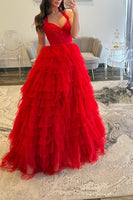 Load image into Gallery viewer, Yellow Halter Ruffled A Line Tiered Long Prom Dress with Slit