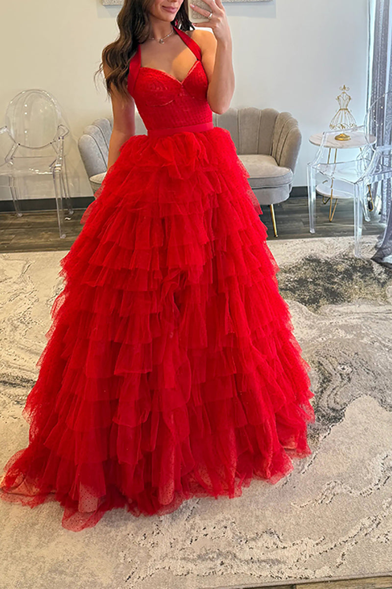 Load image into Gallery viewer, Yellow Halter Ruffled A Line Tiered Long Prom Dress with Slit