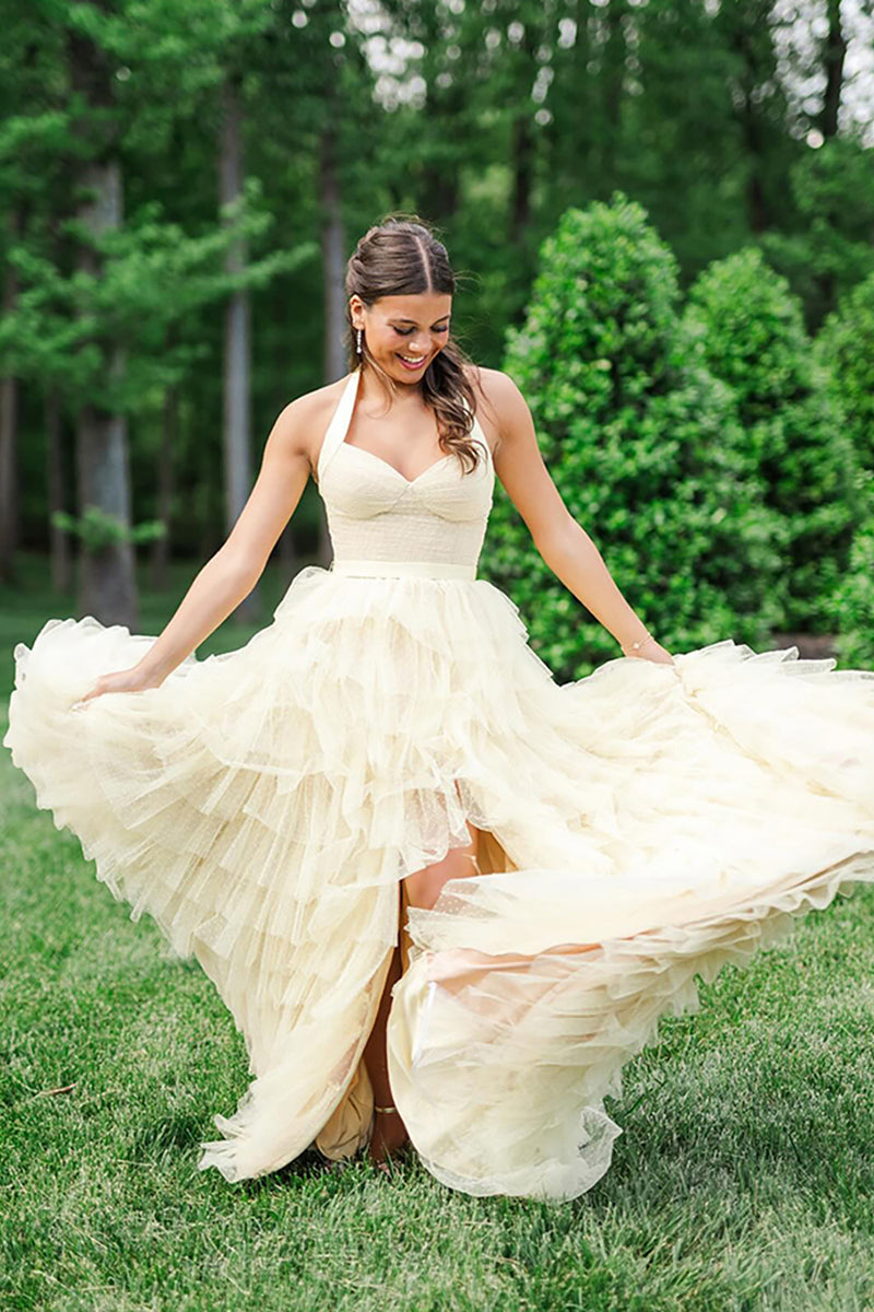 Load image into Gallery viewer, Yellow Halter Ruffled A Line Tiered Long Prom Dress with Slit