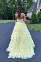 Load image into Gallery viewer, Yellow Halter Ruffled A Line Tiered Long Prom Dress with Slit