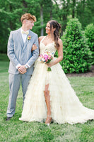 Load image into Gallery viewer, Yellow Halter Ruffled A Line Tiered Long Prom Dress with Slit
