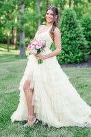 Load image into Gallery viewer, Yellow Halter Ruffled A Line Tiered Long Prom Dress with Slit