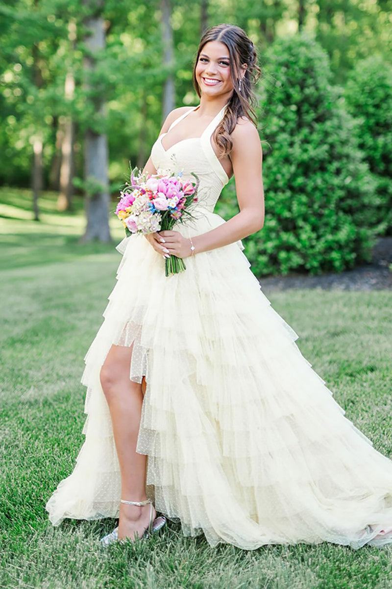 Load image into Gallery viewer, Yellow Halter Ruffled A Line Tiered Long Prom Dress with Slit
