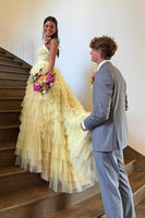 Load image into Gallery viewer, Yellow Halter Ruffled A Line Tiered Long Prom Dress with Slit