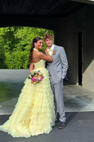 Load image into Gallery viewer, Yellow Halter Ruffled A Line Tiered Long Prom Dress with Slit