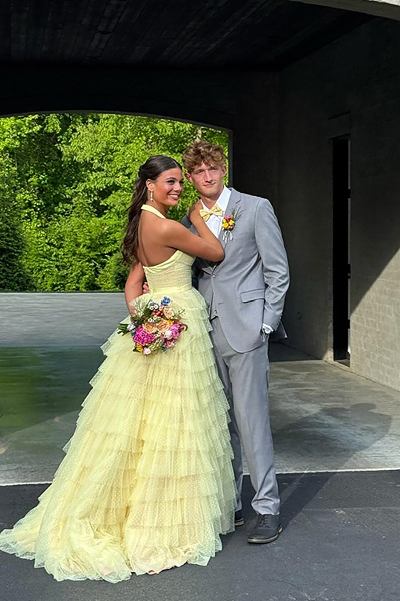 Load image into Gallery viewer, Yellow Halter Ruffled A Line Tiered Long Prom Dress with Slit