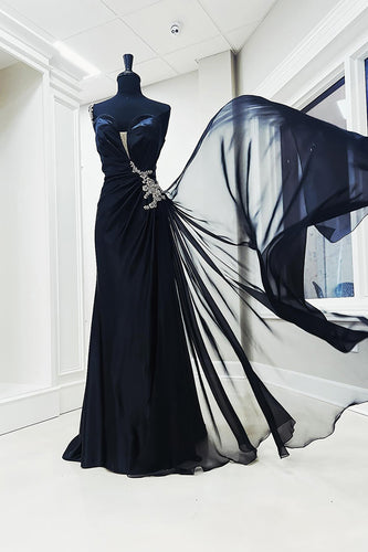 Sparkly Black Mermaid One Shoulder Ruched Long Prom Dress with Side Cape