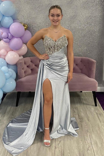 Sparkly Silver Strapless Mermaid Long Corset Prom Dress with Side Cape
