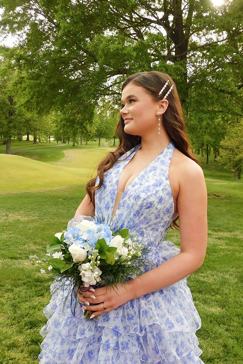 Load image into Gallery viewer, Blue Floral Ball Gown Ruffled Tiered Halter Long Prom Dress with Slit