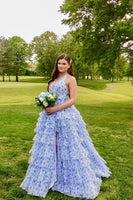 Load image into Gallery viewer, Blue Floral Ball Gown Ruffled Tiered Halter Long Prom Dress with Slit