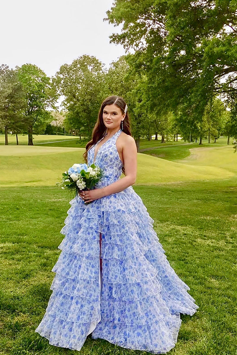 Load image into Gallery viewer, Blue Floral Ball Gown Ruffled Tiered Halter Long Prom Dress with Slit
