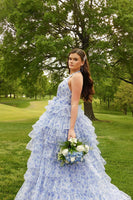 Load image into Gallery viewer, Blue Floral Ball Gown Ruffled Tiered Halter Long Prom Dress with Slit